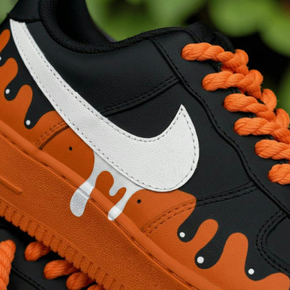 Black Orange Drip Custom Air Force One Sneakers, Hand-painted Orange Drip AF1 Shoes, Streetwear Drip Shoes, Gift for Him