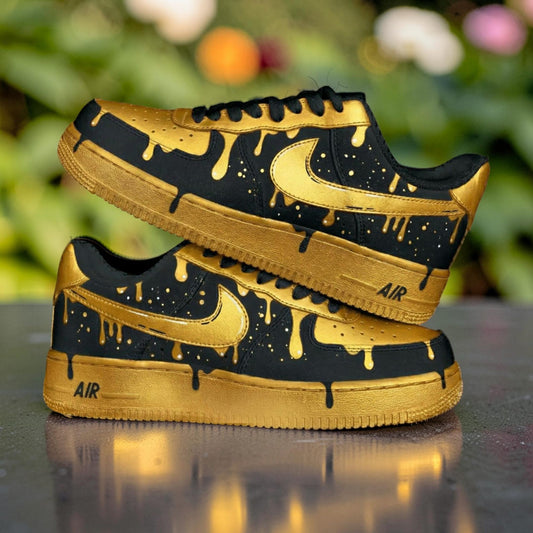 Custom Air Force 1 Gold Black Drip Sneakers, Hand Painted AF1 Low Top Shoes, Luxury Streetwear Sneaker Gift