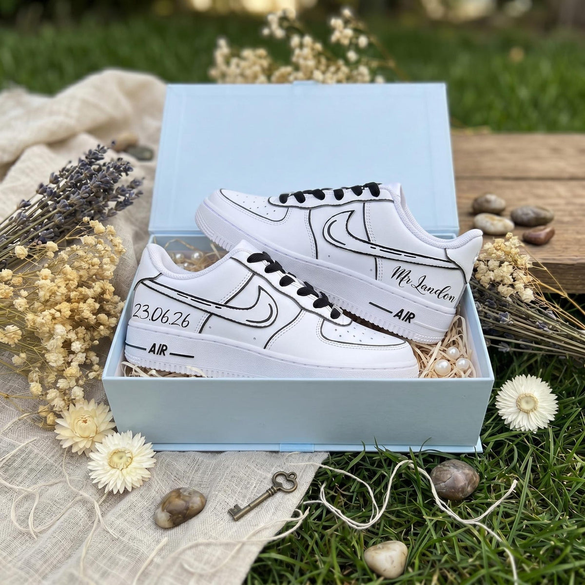 Custom Sneakers for Bridal/Groom | Black Line Art Hand-Painted Wedding Sneakers, Personalized with Name & Wedding Date
