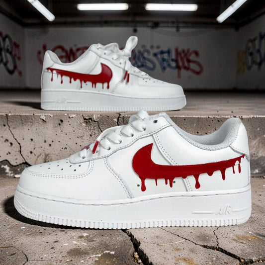 Custom Air Force 1 Red Drip Sneakers, Hand Painted AF1 Shoes, Red Swoosh Streetwear White Sneakers