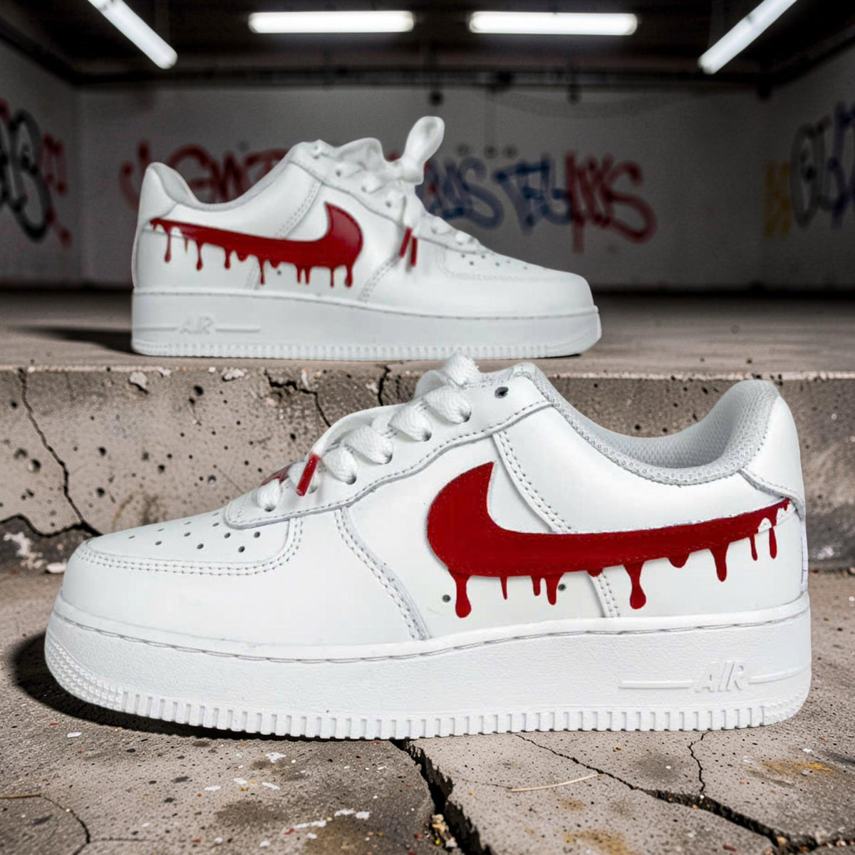 Custom Air Force 1 Red Drip Sneakers, Hand Painted AF1 Shoes, Red Swoosh Streetwear White Sneakers