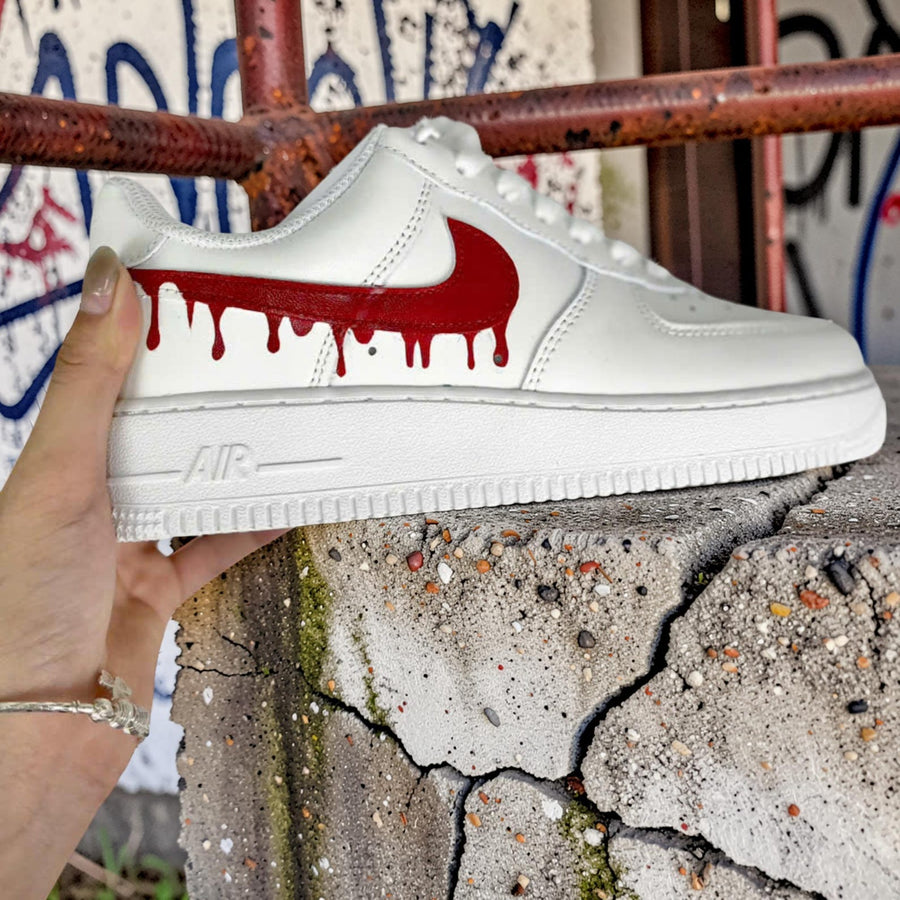 Custom Air Force 1 Red Drip Sneakers, Hand Painted AF1 Shoes, Red Swoosh Streetwear White Sneakers