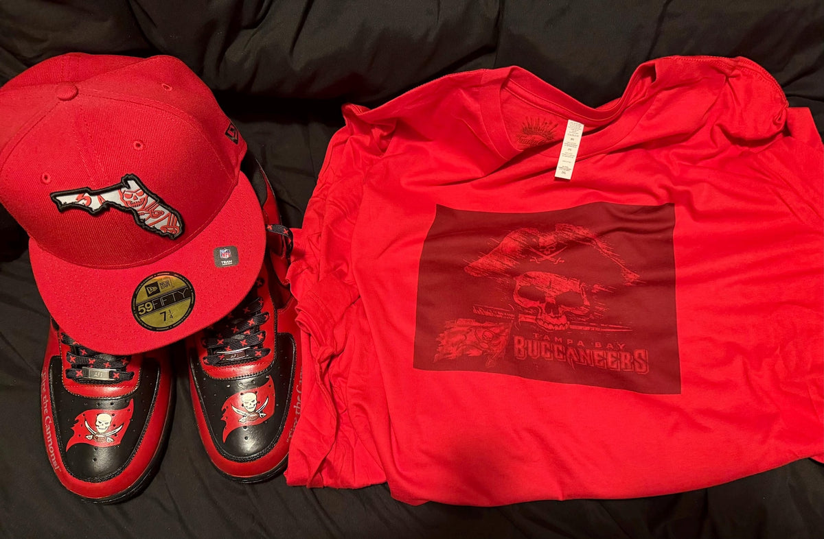 Custom Hand-Painted Red & Black Street wear Tampa Bay AF1’s (Free crease Guard Included)