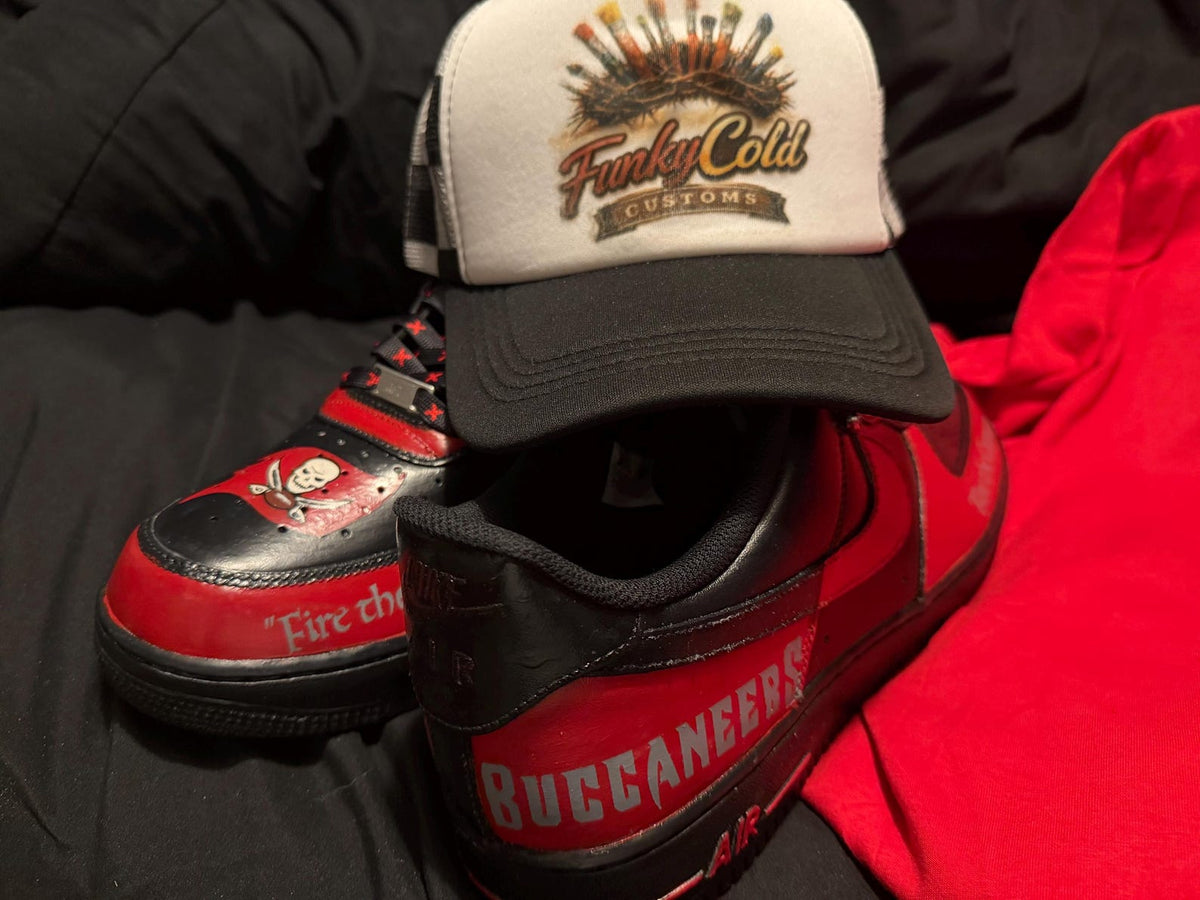 Custom Hand-Painted Red & Black Street wear Tampa Bay AF1’s (Free crease Guard Included)