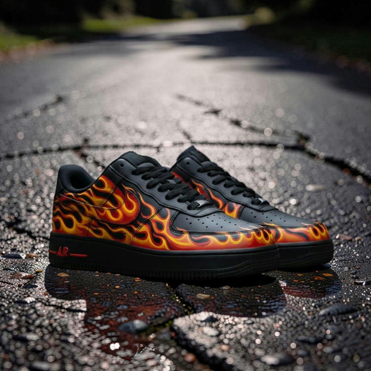 Custom Flame Painted AF1 Black Sneakers, Personalized Fire Design Shoes, Hand Painted Streetwear Trainers