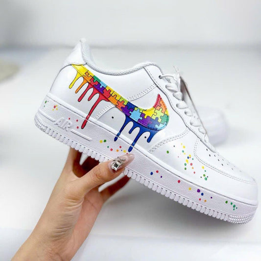 Custom Air Force 1 Rainbow Drip Sneakers, Puzzle AF1 Shoes, Hand Painted Colorful Streetwear Sneakers