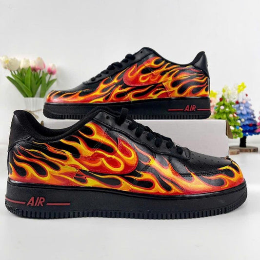 Custom Flame Painted AF1 Black Sneakers, Personalized Fire Design Shoes, Hand Painted Streetwear Trainers