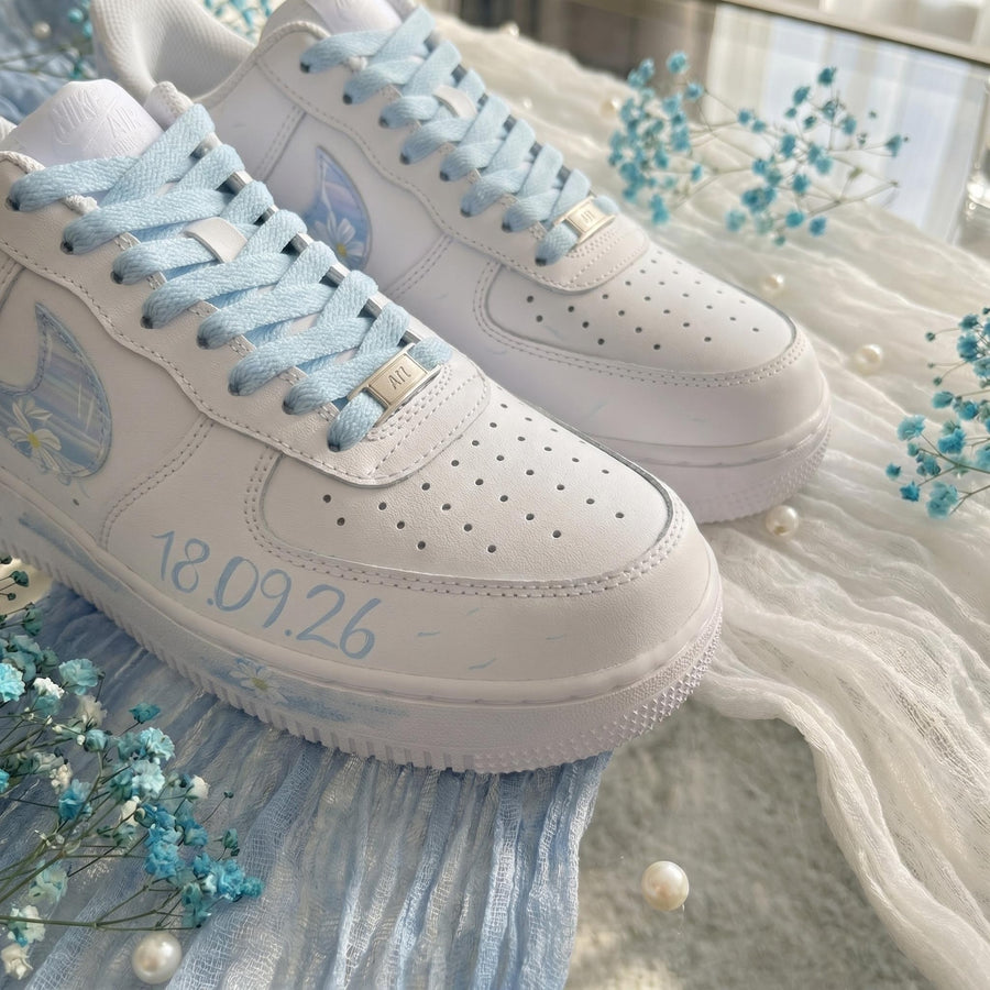 Wedding Sneakers for Bride | Bridal Light Blue Hand-Painted Custom Shoes, Personalized Name & Wedding Date