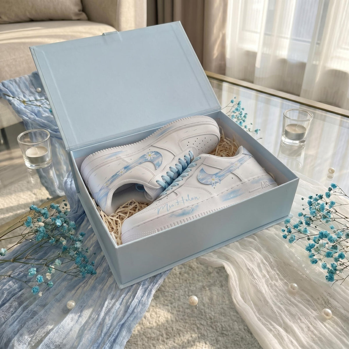 Wedding Sneakers for Bride | Bridal Light Blue Hand-Painted Custom Shoes, Personalized Name & Wedding Date