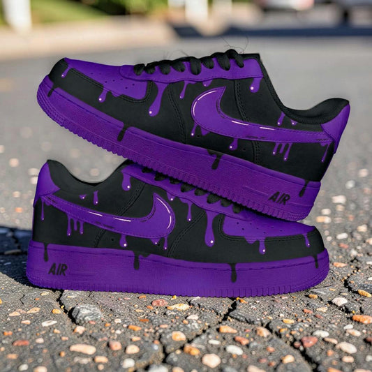 Custom Black Purple Drip Air Force 1 Sneakers, Hand Painted Shoes