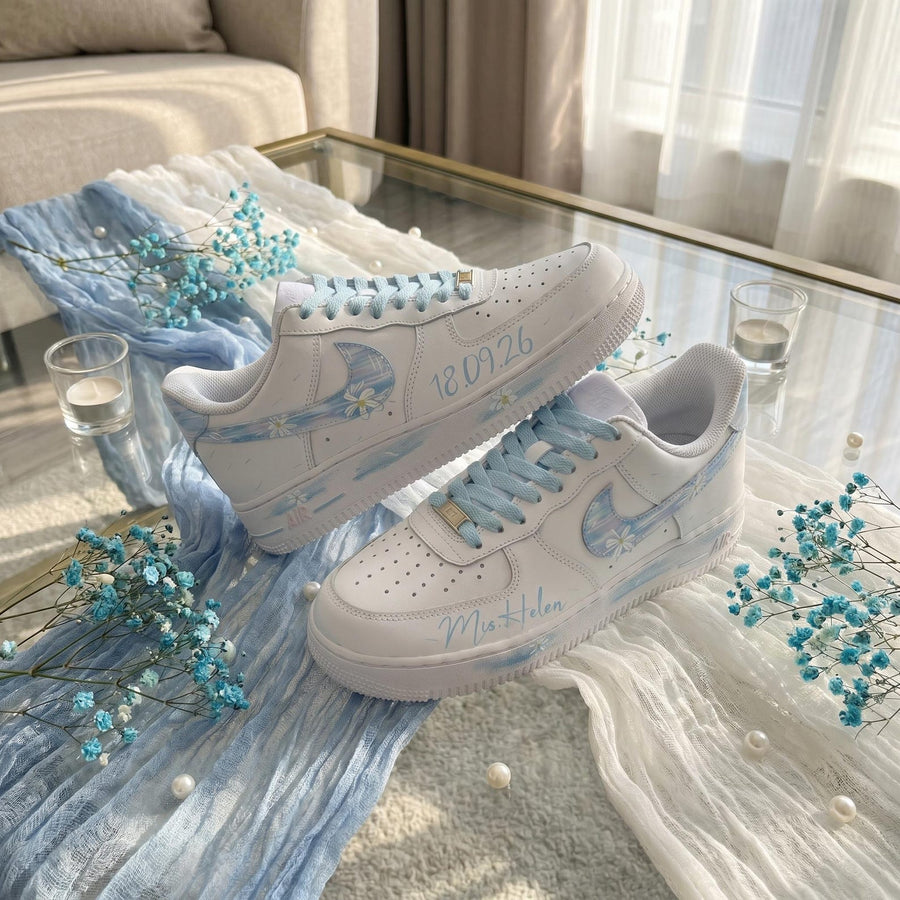 Wedding Sneakers for Bride | Bridal Light Blue Hand-Painted Custom Shoes, Personalized Name & Wedding Date