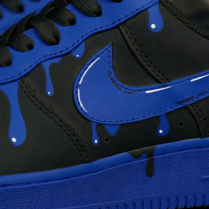 Custom Black Blue Drip Air Force 1 Sneakers, Hand Painted AF1 Shoes