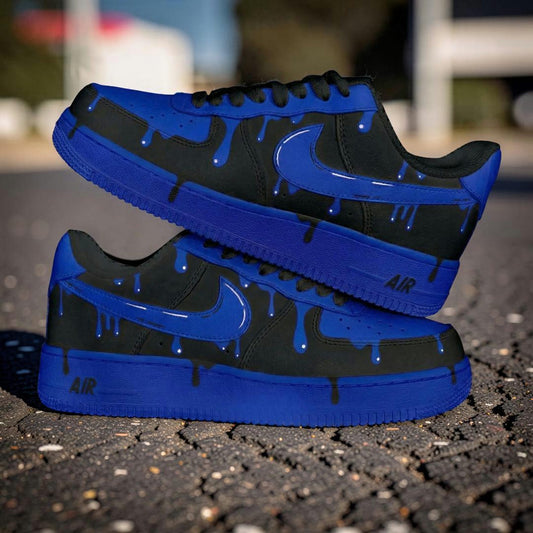 Custom Black Blue Drip Air Force 1 Sneakers, Hand Painted AF1 Shoes