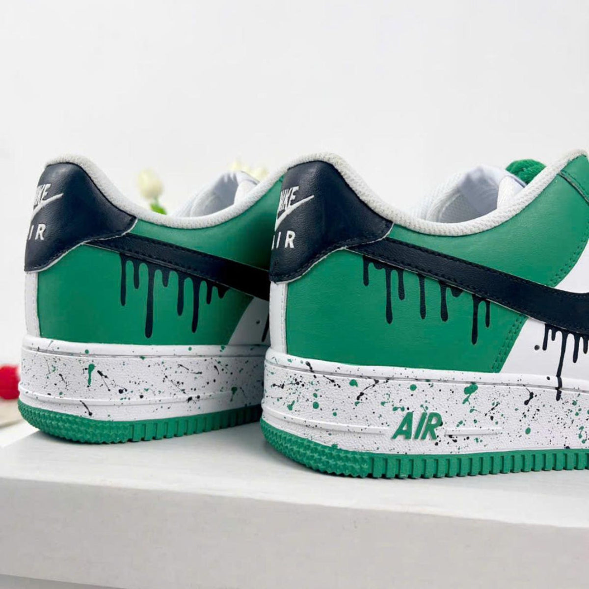 Custom Green Drip AF1 Sneakers, Hand Painted Black Paint Drip Air Force 1 Shoes, Rope Lace Streetwear Sneakers, Unisex Gift