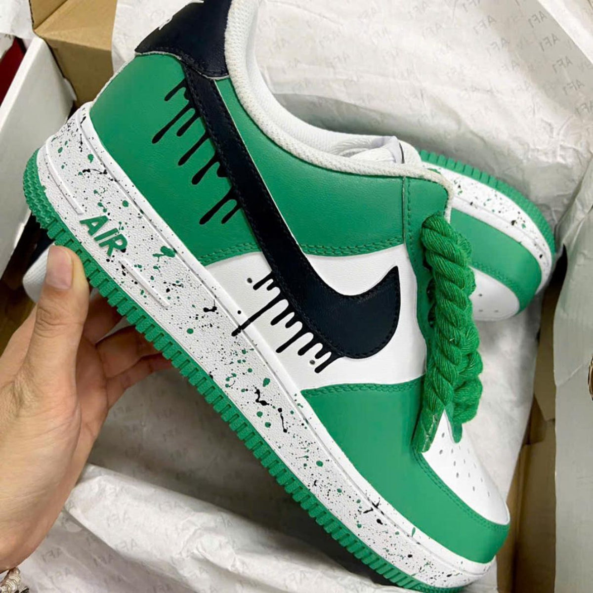 Custom Green Drip AF1 Sneakers – Hand Painted Black Paint Drip Air Force 1 Shoes – Rope Lace Streetwear Sneakers