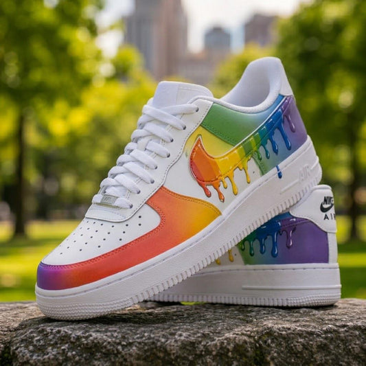 Custom Rainbow Drip Air Force 1 Sneakers, Hand Painted Pride Swoosh Kicks