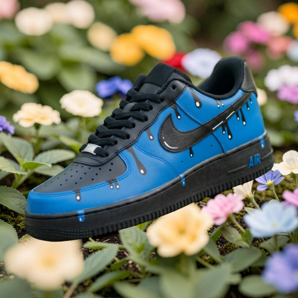 Custom Black Blue Drip Air Force 1 Sneakers, Hand Painted AF1 Shoes