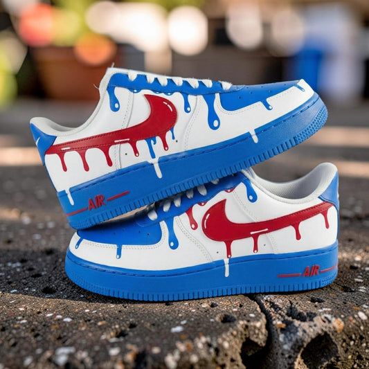Blue & Red Drip Custom Air Force 1 Sneakers – Hand Painted Streetwear AF1 Shoes