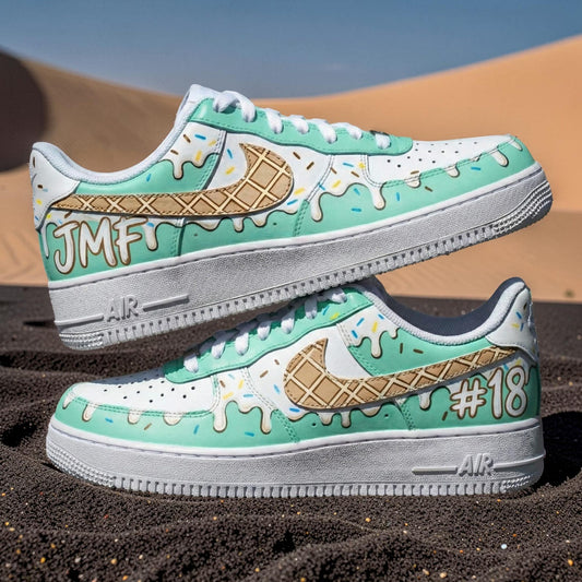 Custom Hand Painted Mint Ice Cream Air Force 1 Sneakers, Drip Dessert Streetwear AF1s