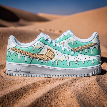 Custom Hand Painted Mint Ice Cream Air Force 1 Sneakers, Drip Dessert Streetwear AF1s