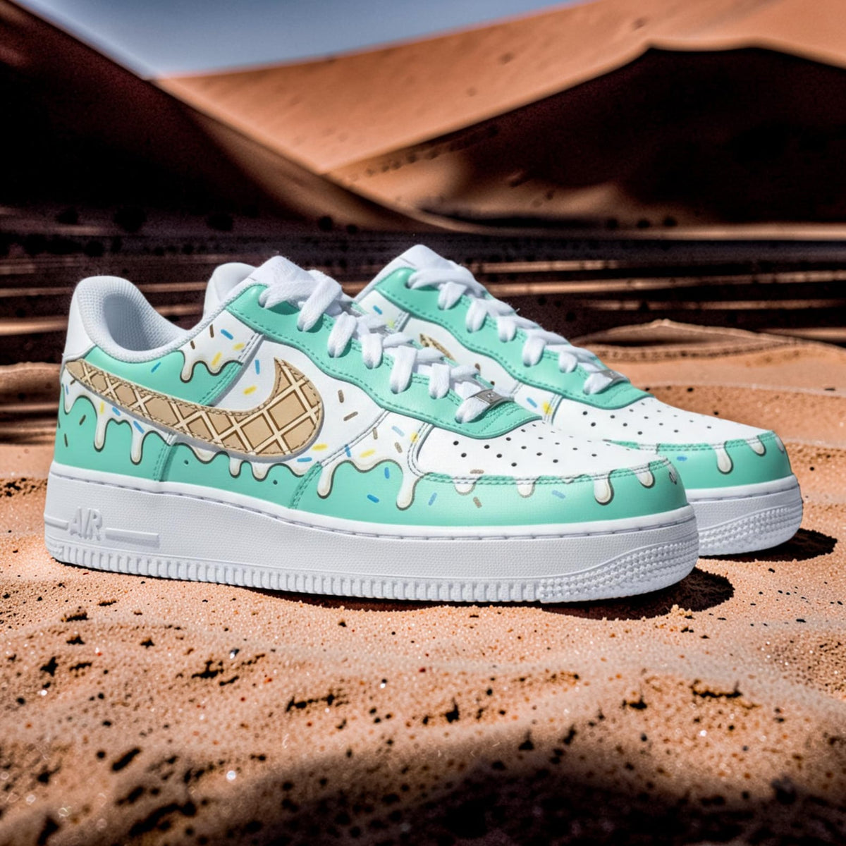 Custom Hand Painted Mint Ice Cream Air Force 1 Sneakers, Drip Dessert Streetwear AF1s
