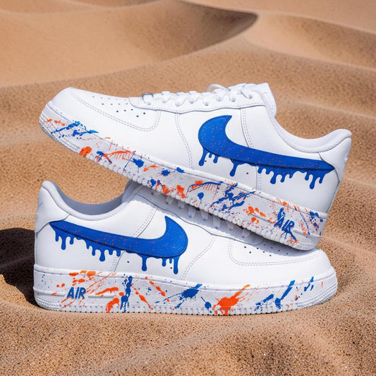 Blue Drip Splatter Custom Air Force 1 Sneakers – Hand Painted Streetwear AF1 Shoes