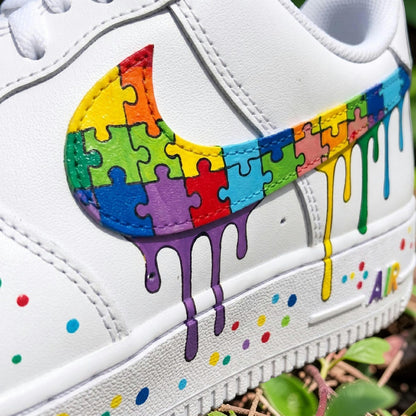 Custom Autism Awareness Air Force 1 Sneakers, Rainbow Puzzle Drip Shoes, Hand Painted AF1
