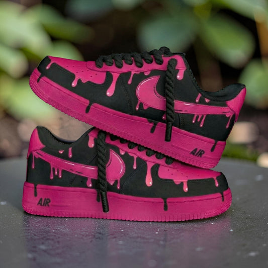 Custom Air Force 1 Pink Drip Sneakers, AF1 Black and Pink Melt Shoes, Hand Painted Streetwear Sneaker Gift for Women