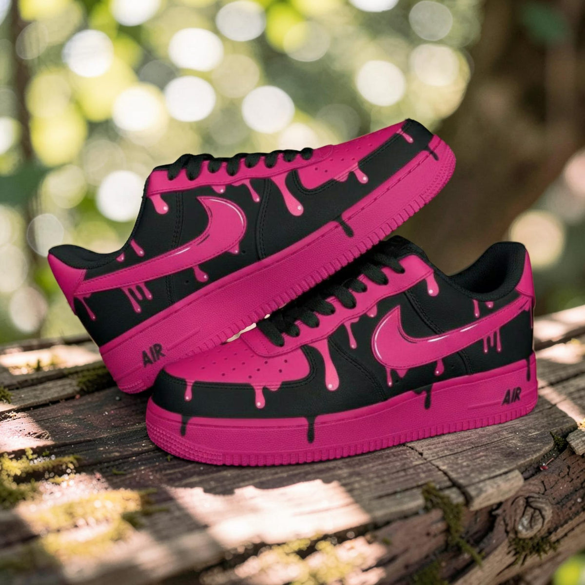 Custom Air Force 1 Pink Drip Sneakers, AF1 Black and Pink Melt Shoes, Hand Painted Streetwear Sneaker Gift for Women
