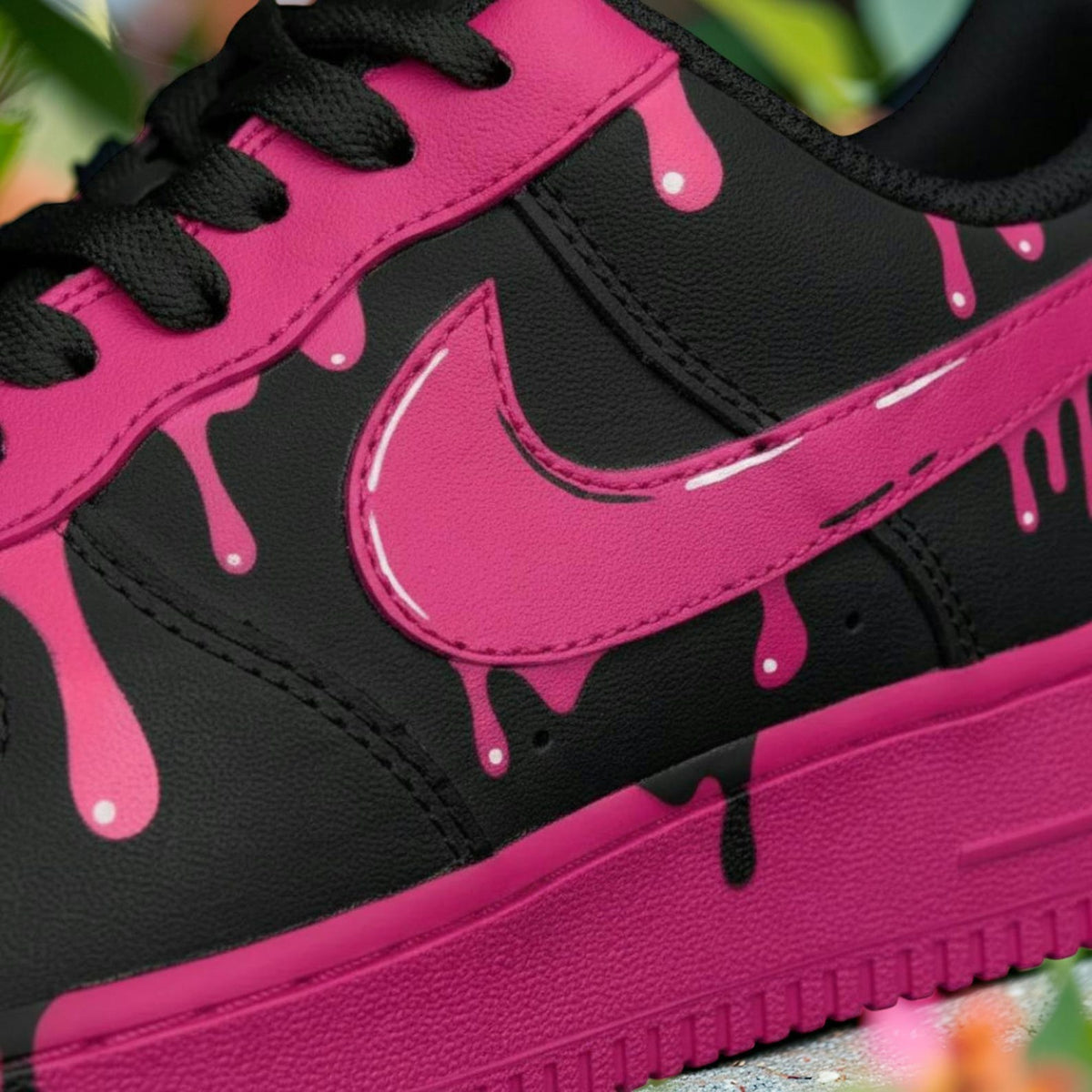 Custom Air Force 1 Pink Drip Sneakers, AF1 Black and Pink Melt Shoes, Hand Painted Streetwear Sneaker Gift for Women