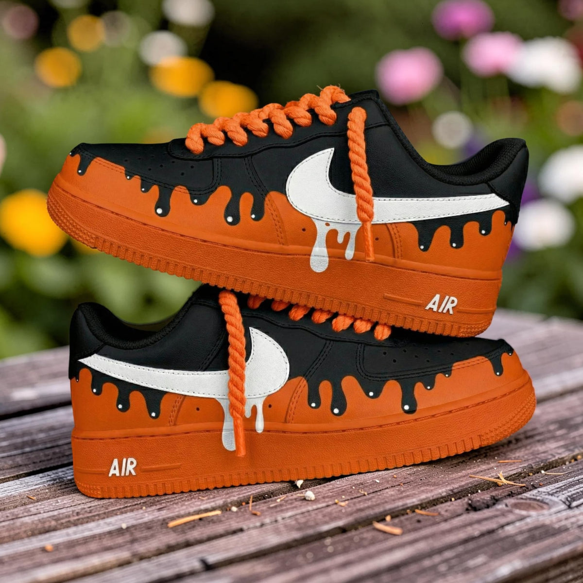 Black Orange Drip Custom Air Force One Sneakers, Hand-painted Orange Drip AF1 Shoes, Streetwear Drip Shoes, Gift for Him