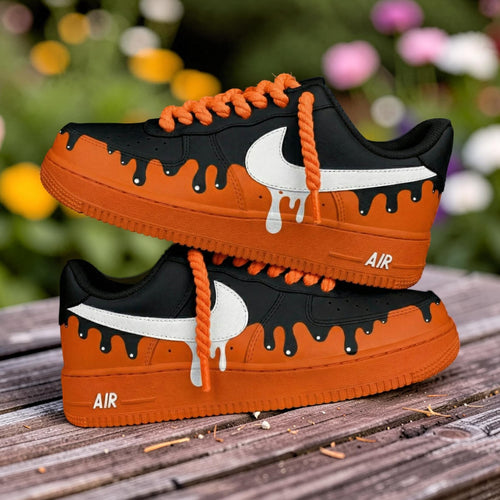 Black Orange Drip Custom Air Force One Sneakers, Hand-painted Orange Drip AF1 Shoes, Streetwear Drip Shoes, Gift for Him