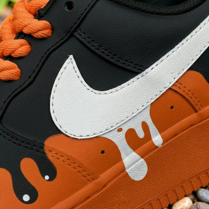 Black Orange Drip Custom Air Force One Sneakers, Hand-painted Orange Drip AF1 Shoes, Streetwear Drip Shoes, Gift for Him