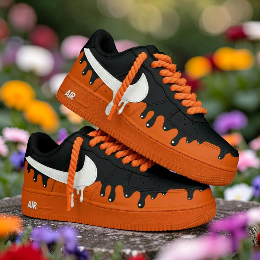 Black Orange Drip Custom Air Force One Sneakers, Hand-painted Orange Drip AF1 Shoes, Streetwear Drip Shoes, Gift for Him