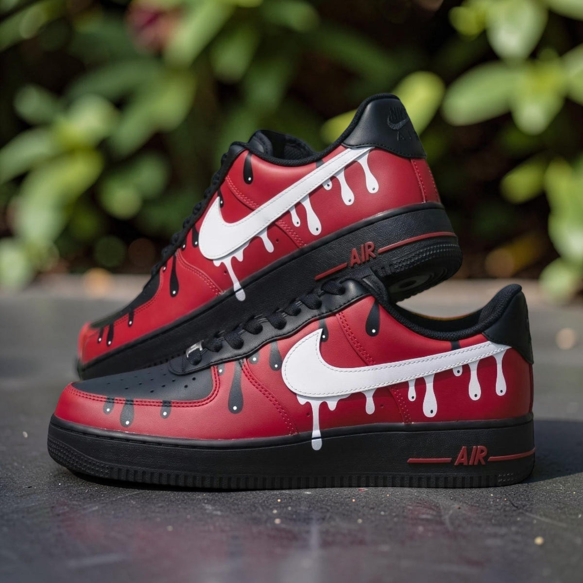 Custom Air Force 1 Red Black Drip Sneakers, Hand Painted AF1 Low Top Shoes, Streetwear Sneakerhead Gift