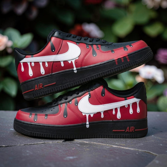 Custom Air Force 1 Red Black Drip Sneakers, Hand Painted AF1 Low Top Shoes, Streetwear Sneakerhead Gift