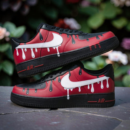Custom Air Force 1 Red Black Drip Sneakers, Hand Painted AF1 Low Top Shoes, Streetwear Sneakerhead Gift