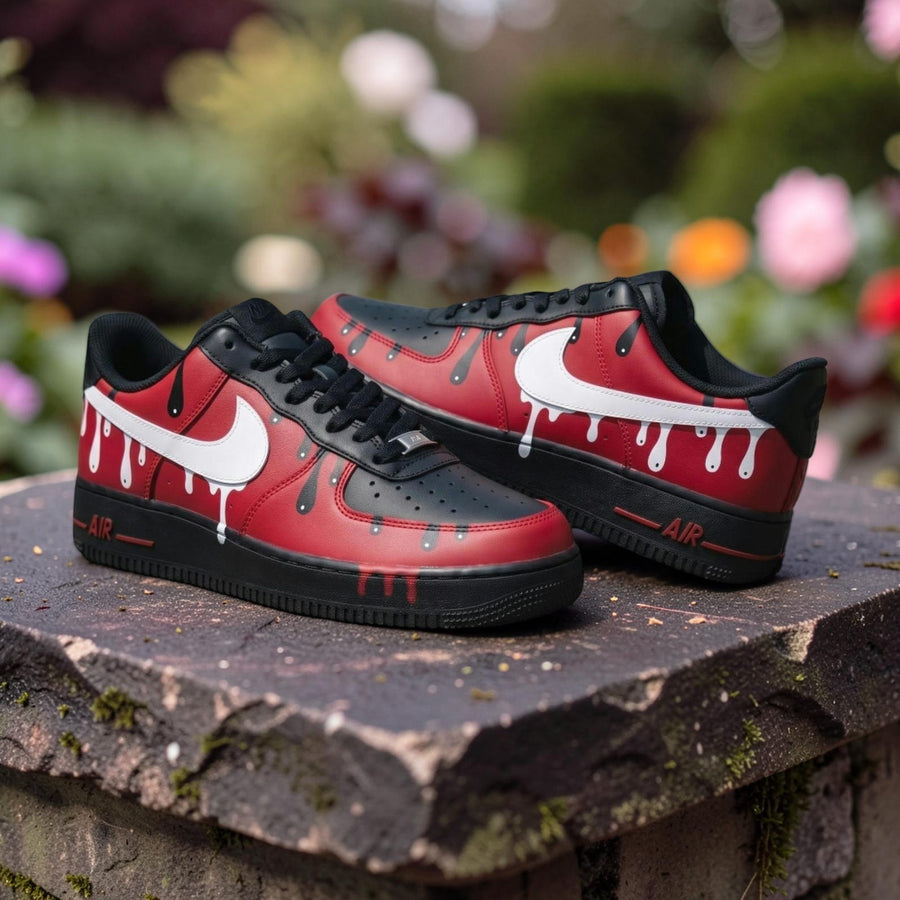 Custom Air Force 1 Red Black Drip Sneakers, Hand Painted AF1 Low Top Shoes, Streetwear Sneakerhead Gift