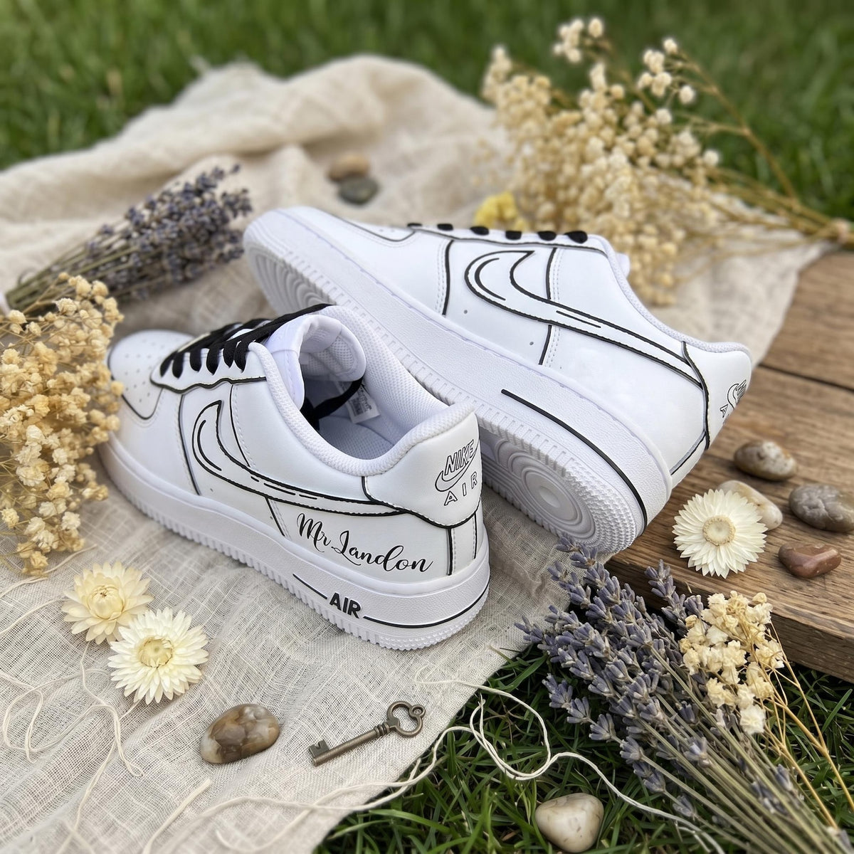 Custom Sneakers for Bridal/Groom | Black Line Art Hand-Painted Wedding Sneakers, Personalized with Name & Wedding Date