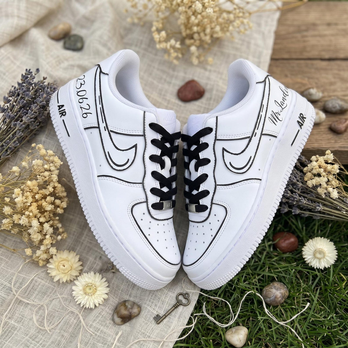 Custom Sneakers for Bridal/Groom | Black Line Art Hand-Painted Wedding Sneakers, Personalized with Name & Wedding Date