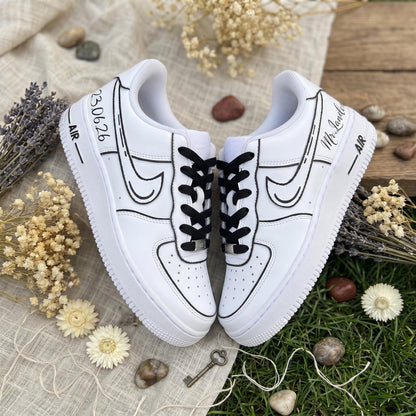 Custom Sneakers for Bridal/Groom | Black Line Art Hand-Painted Wedding Sneakers, Personalized with Name & Wedding Date