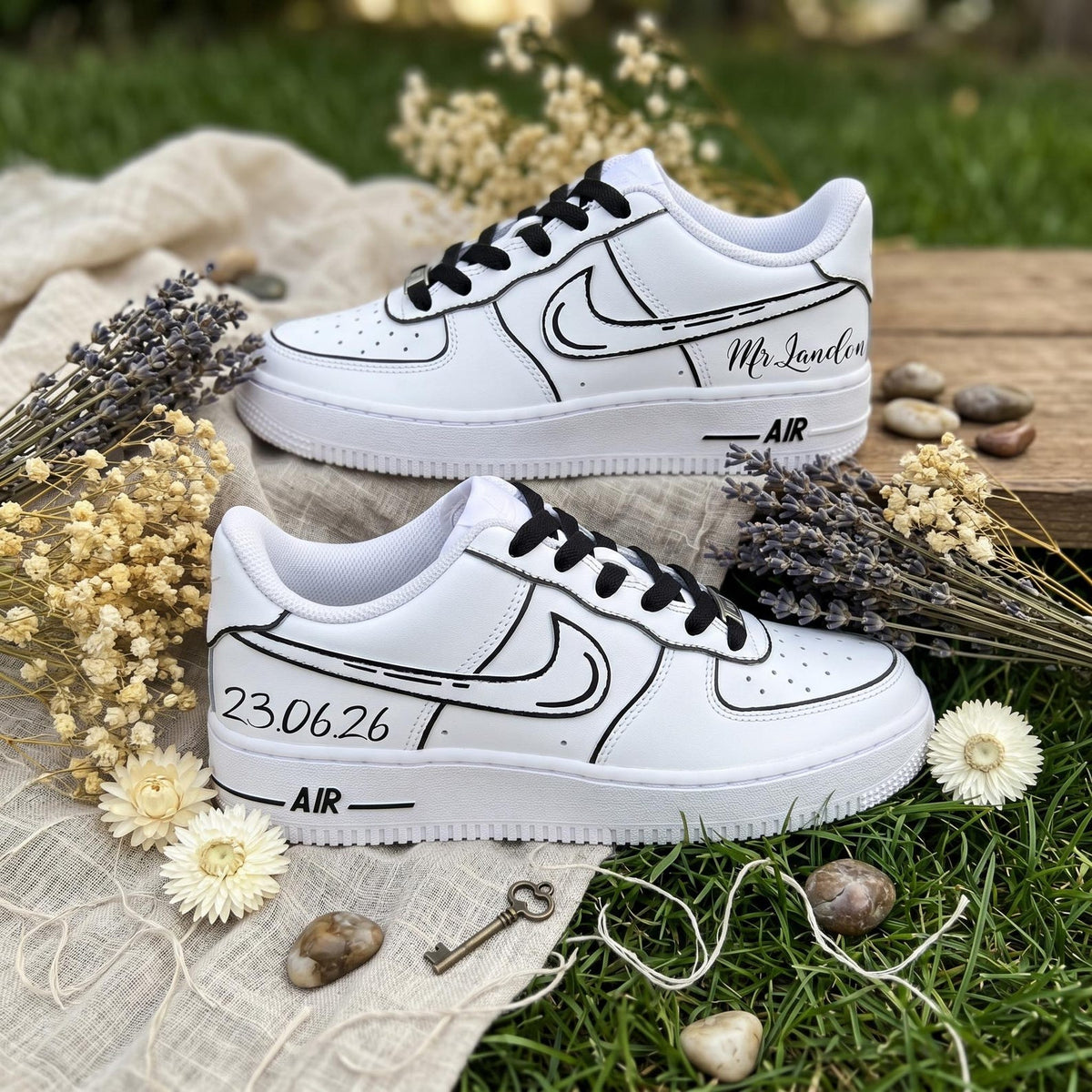 Custom Sneakers for Bridal/Groom | Black Line Art Hand-Painted Wedding Sneakers, Personalized with Name & Wedding Date