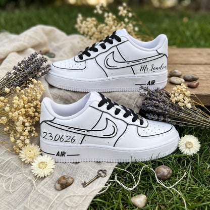 Custom Sneakers for Bridal/Groom | Black Line Art Hand-Painted Wedding Sneakers, Personalized with Name & Wedding Date
