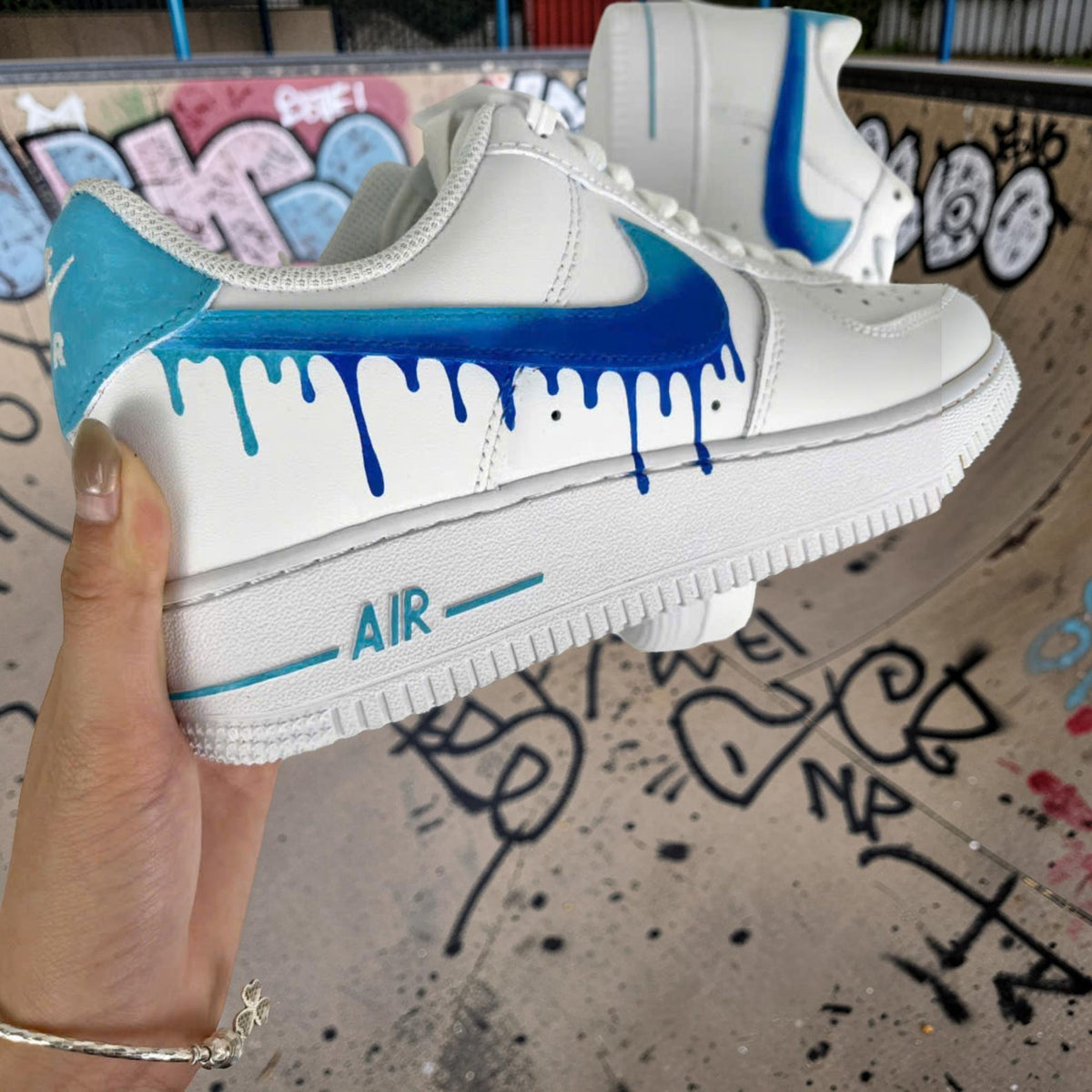 Custom Air Force 1 Blue Drip Sneakers, Hand Painted AF1 Shoes, Gradient Swoosh Streetwear Sneakers