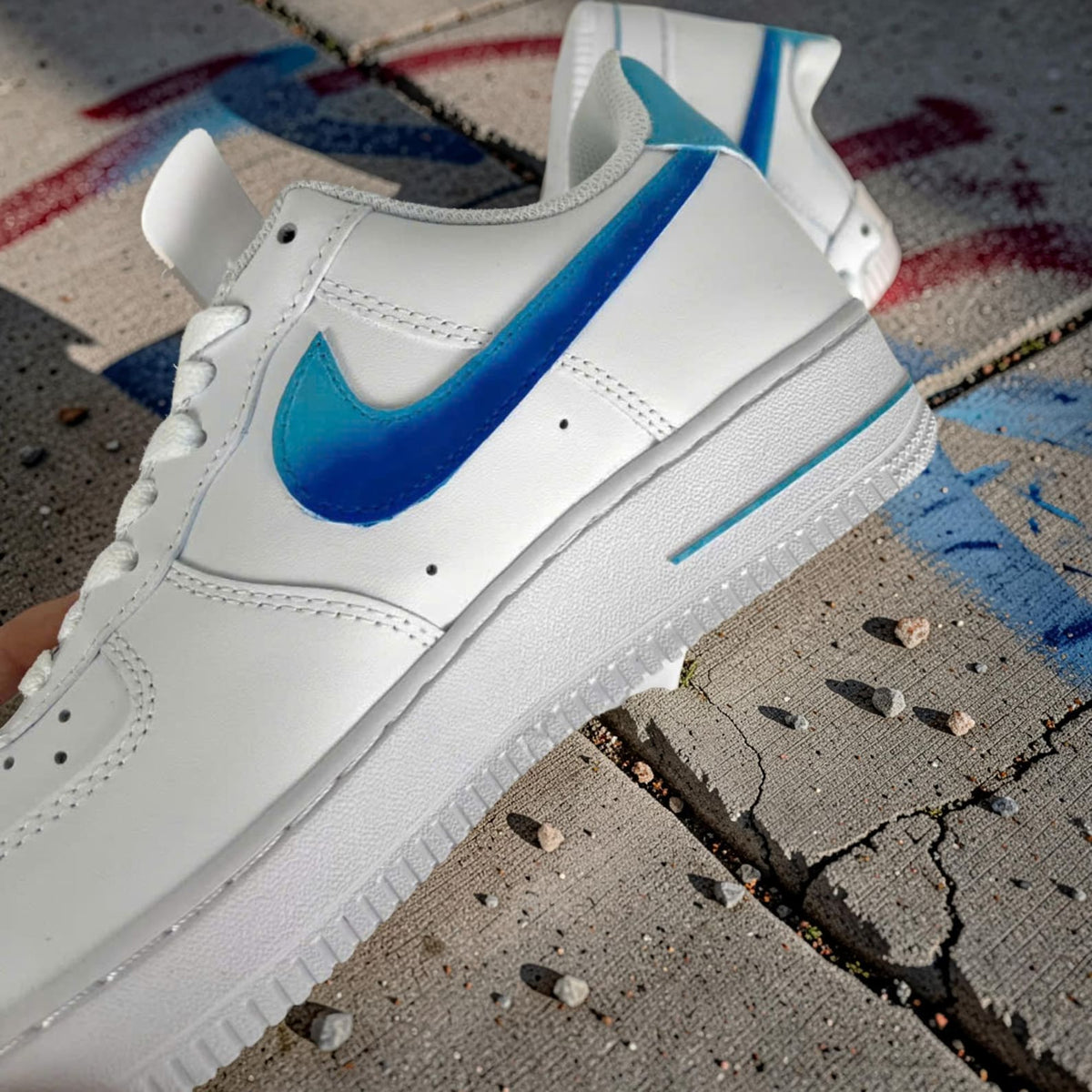 Custom Air Force 1 Blue Drip Sneakers, Hand Painted AF1 Shoes, Gradient Swoosh Streetwear Sneakers