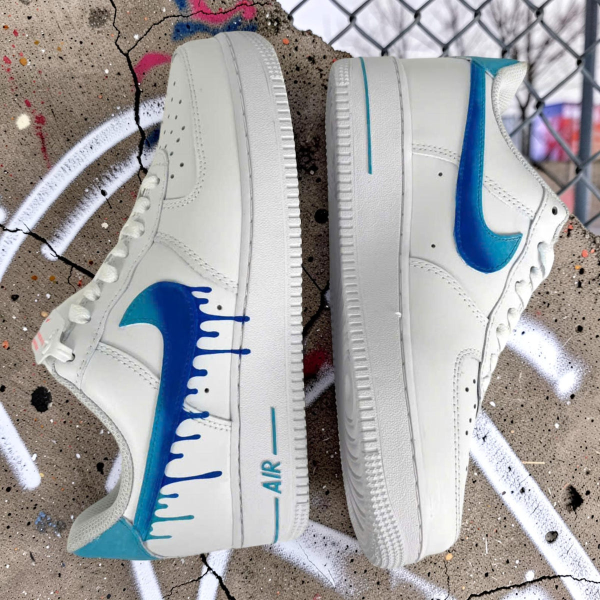 Custom Air Force 1 Blue Drip Sneakers, Hand Painted AF1 Shoes, Gradient Swoosh Streetwear Sneakers
