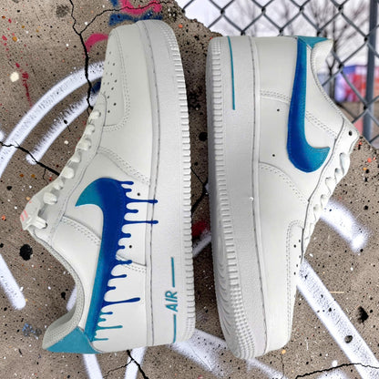 Custom Air Force 1 Blue Drip Sneakers, Hand Painted AF1 Shoes, Gradient Swoosh Streetwear Sneakers