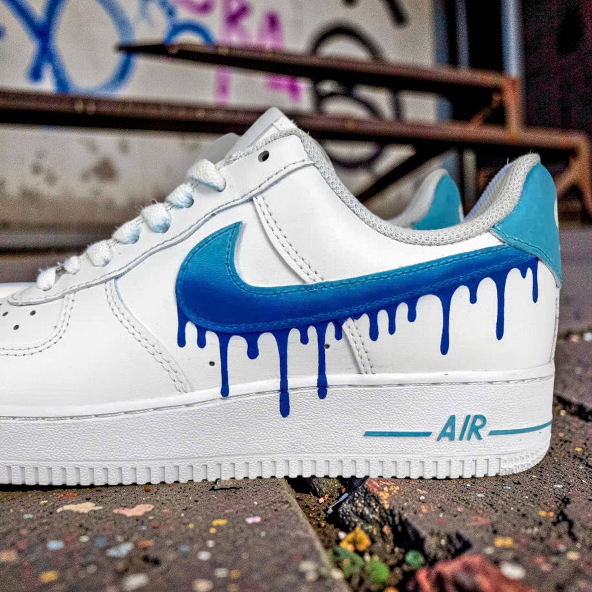 Custom Air Force 1 Blue Drip Sneakers, Hand Painted AF1 Shoes, Gradient Swoosh Streetwear Sneakers