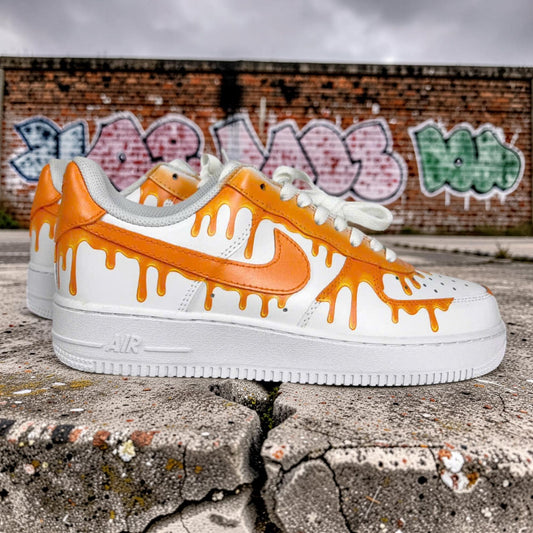 Custom Air Force 1 Orange Drip Sneakers, Hand Painted AF1 Shoes, Bold Streetwear Custom White Sneakers