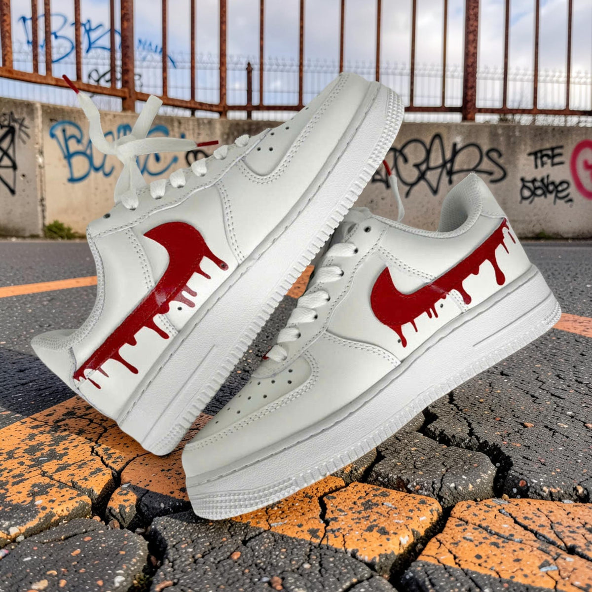 Custom Air Force 1 Red Drip Sneakers, Hand Painted AF1 Shoes, Red Swoosh Streetwear White Sneakers